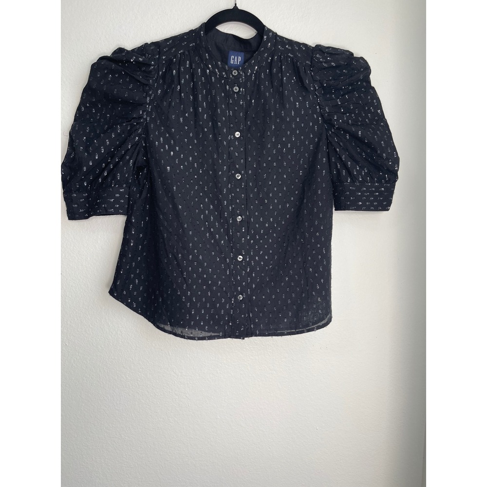 Gap Womens Black Silver Metallic Clip Dot Puff Sleeve Button Front Blouse M - Picture 3 of 12